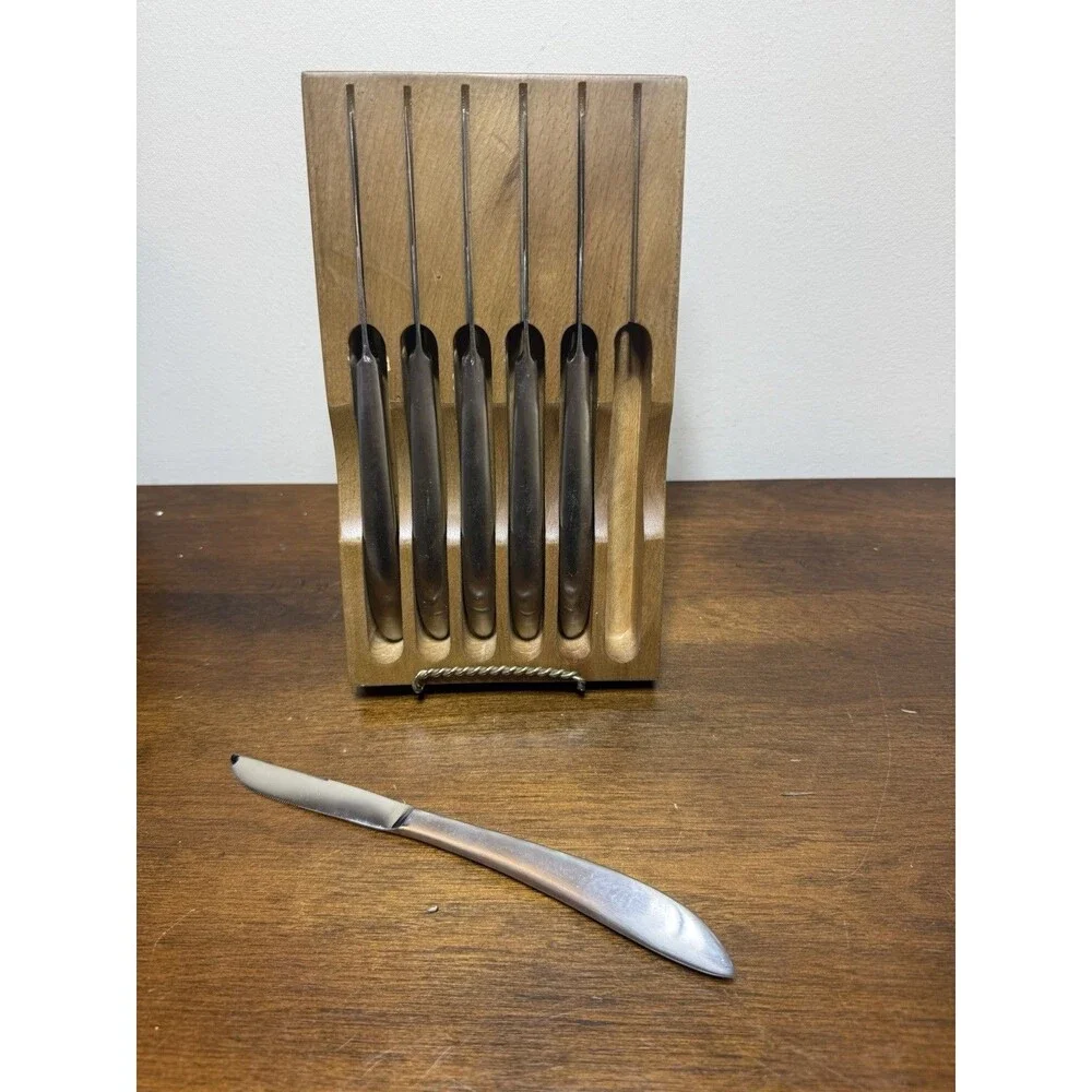 Vintage MCM Steak Knife Set 6pc Stainless Steel Oak Block Stand Curved Japan